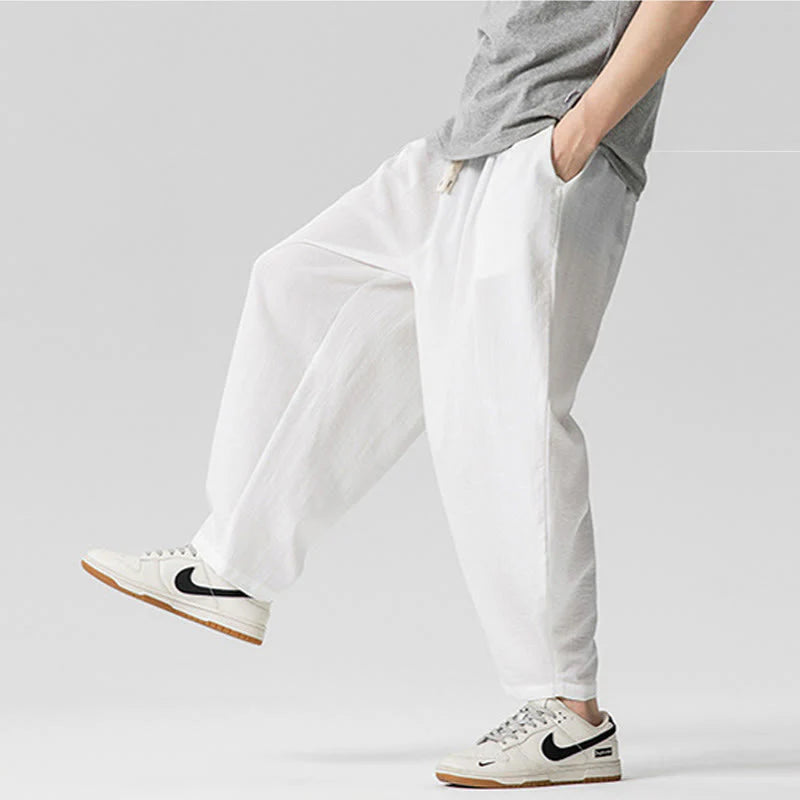 Buddha Stones Summer Pure Color Drawstring Men's Cotton Ankle-Length Pants With Pockets