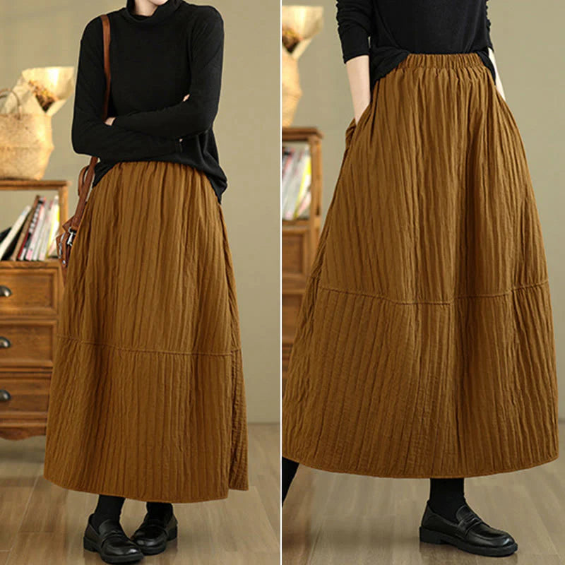 Buddha Stones Plain Pleats Design Elastic Waist Women's Thermal Skirt With Pockets