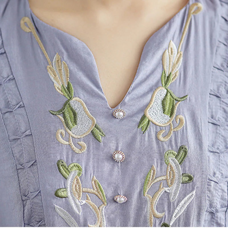 Buddha Stones Spring Floral Embroidery V Neck Tie Waist Elbow-Length Sleeve Women's Dress With Pockets