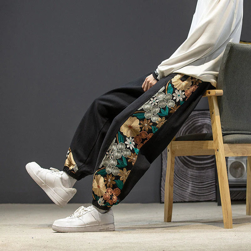 Buddha Stones Spring Men's Embroidered Flower Pattern Patchwork Cotton Pants With Pockets
