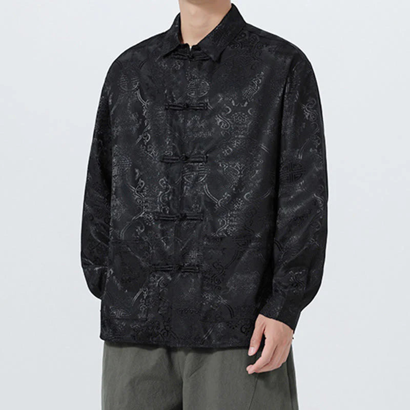 Buddha Stones Spring Jacquard Lapel Long Sleeve Men's Tang Suit Frog-Button Jacket With Pockets