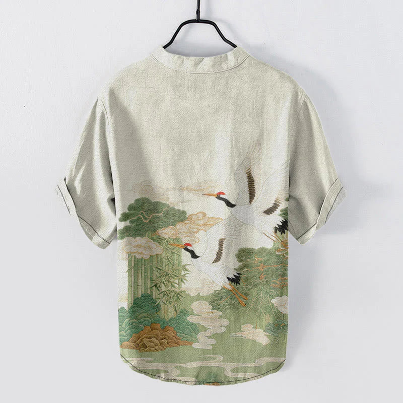 Buddha Stones Cotton Crane Auspicious Clouds Landscapes Pattern Men's Short Sleeve Half Button Shirt