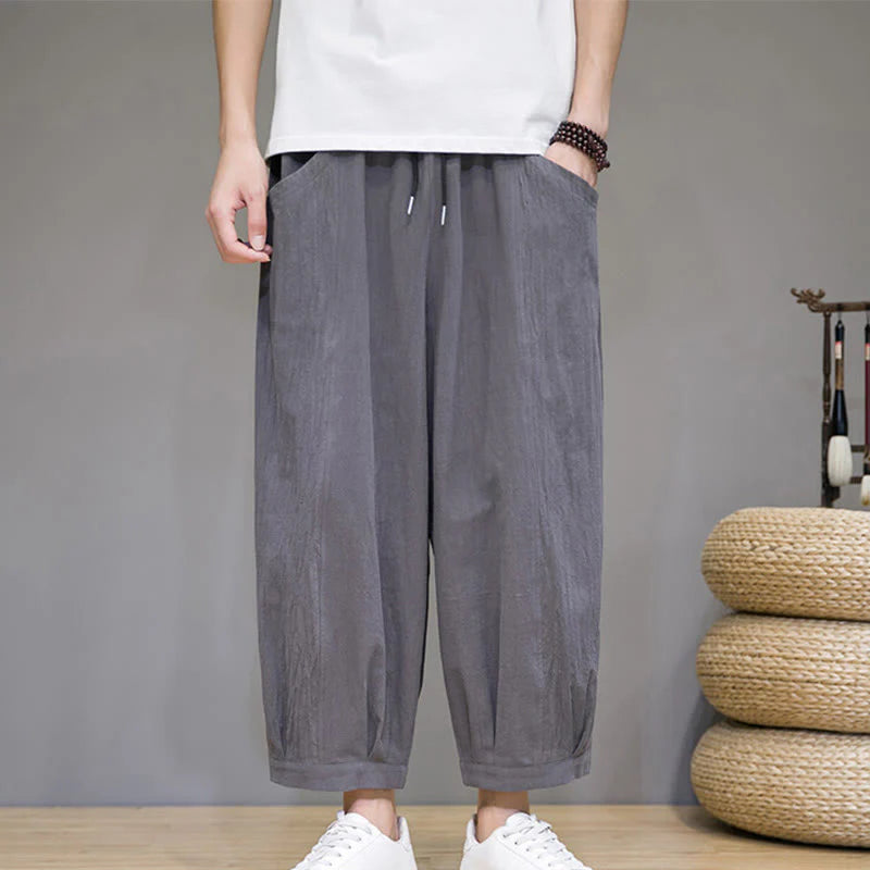 Buddha Stones Casual Plain Men's Cotton 7-8 Length Harem Pants With Pockets