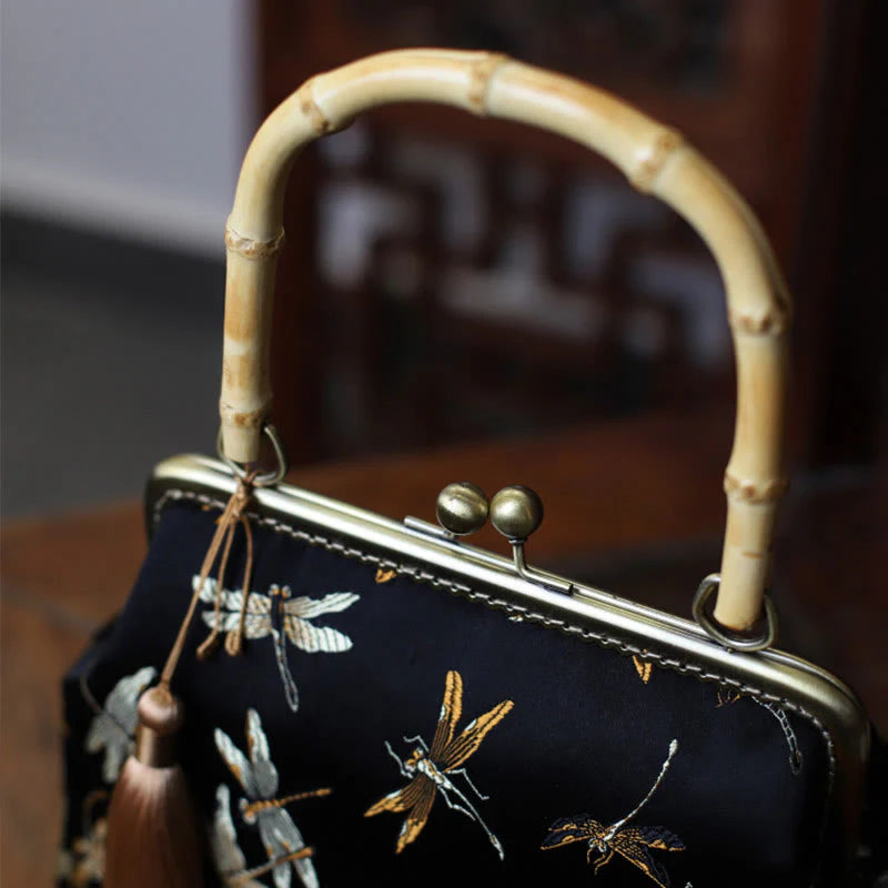 Buddha Stones Dragonfly Crane Bamboo Leaves Plum Blossom Bamboo Handles Handbag (Extra 30% Off | USE CODE: FS30)