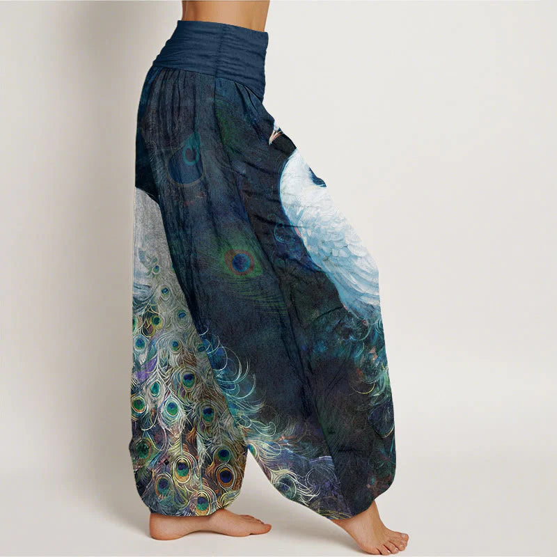 Buddha Stones Pure Cotton Gorgeous Peacock Pattern Women's Elastic Waist Harem Pants