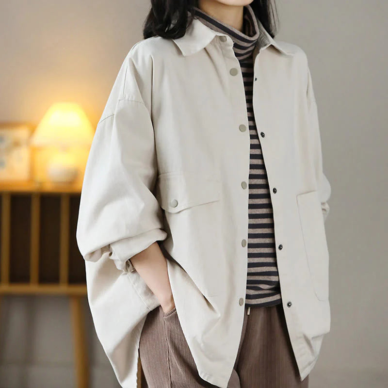Buddha Stones Vintage Casual Pure Color Lapel Women's Cotton Jacket With Pockets