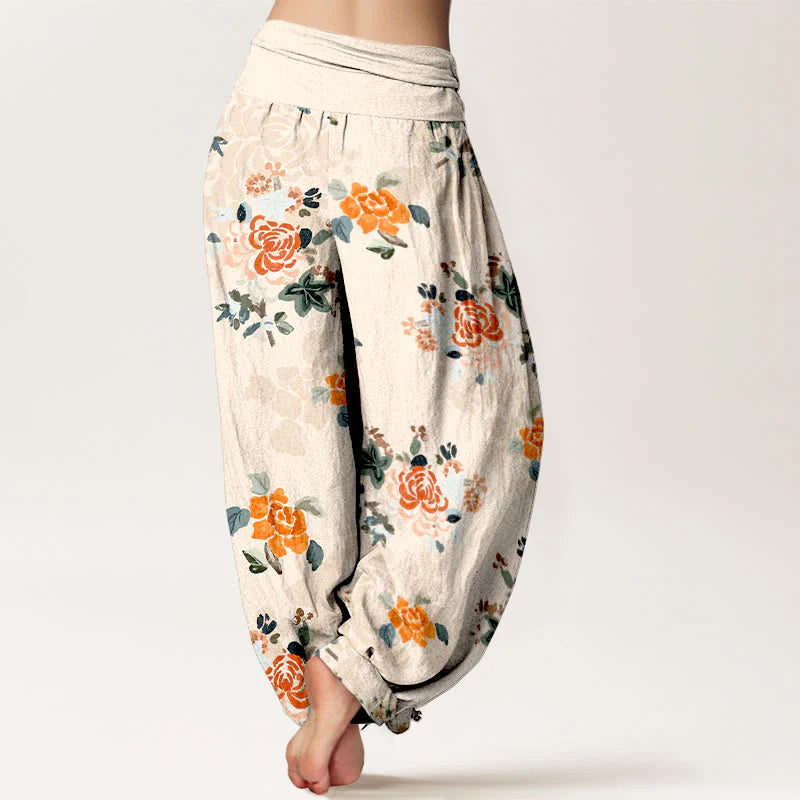 Buddha Stones Pure Cotton Vibrant Color Flowers Leaves Pattern Women's Elastic Waist Harem Pants