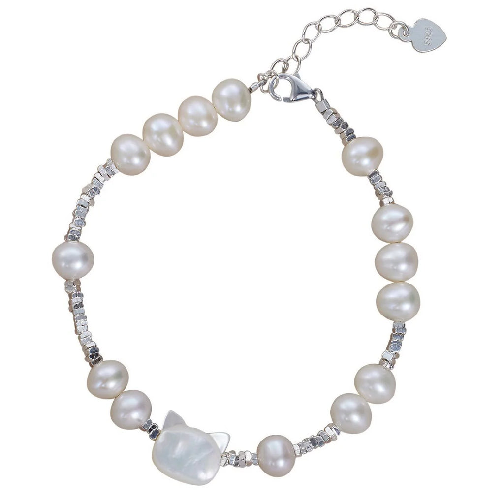 Buddha Stones Pearl Cat Head Tridacna Stone Silver Healing Bracelet