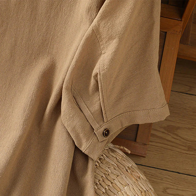Buddha Stones Casual Plain Buttons Half Sleeve Women's Cotton Linen Shirt With Pocket