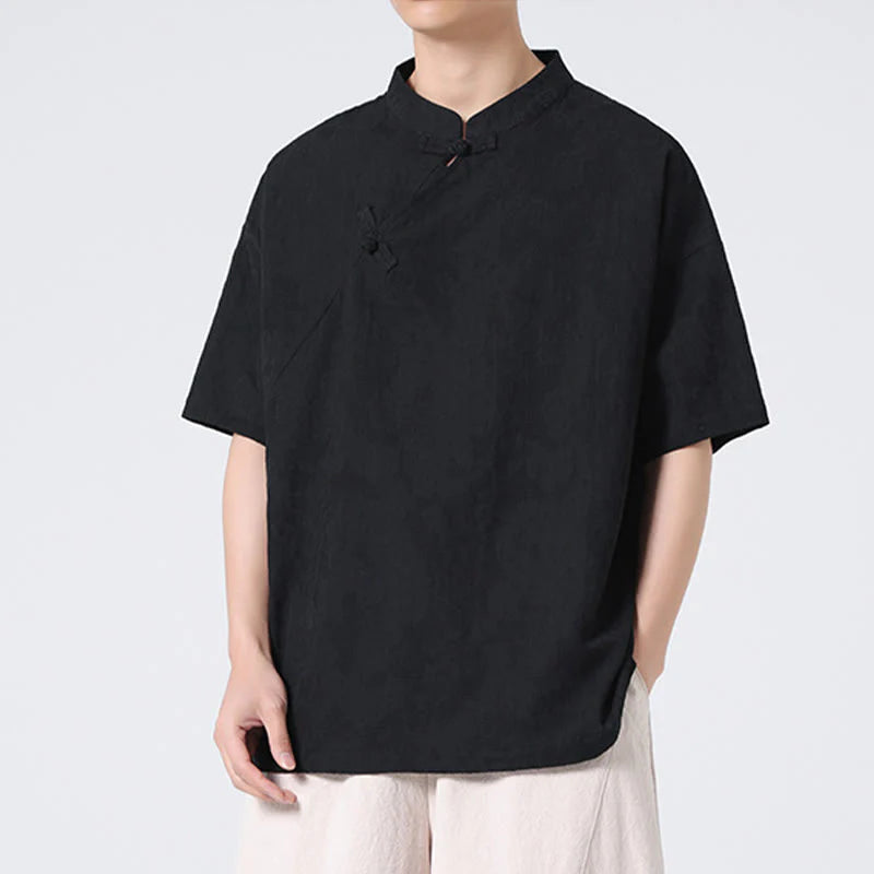 Buddha Stones Retro Pure Color Frog-Button Design Jacquard Flower Pattern Men's Short Sleeve Cotton Linen Shirt