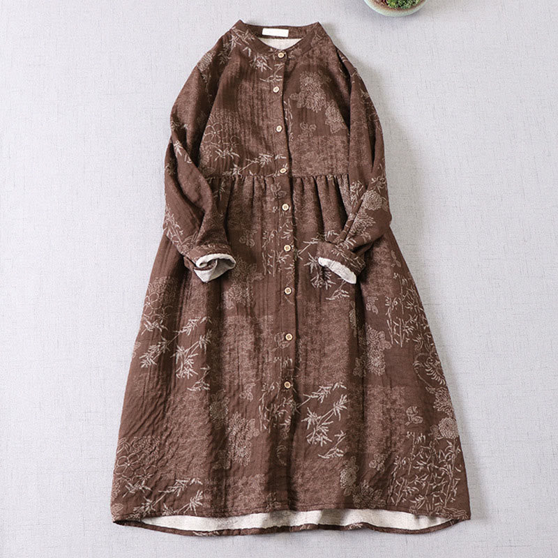 Buddha Stones Commute Bamboo Floral Pattern Long Sleeve Buttons Women's Cotton Midi Dress With Pockets