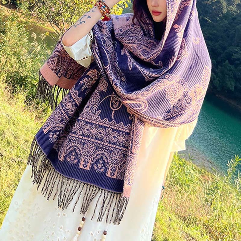 Buddha Stones Jacquard Ethnic Paisley Plants Pattern Tassel Soft Thermal Scarf Shawl