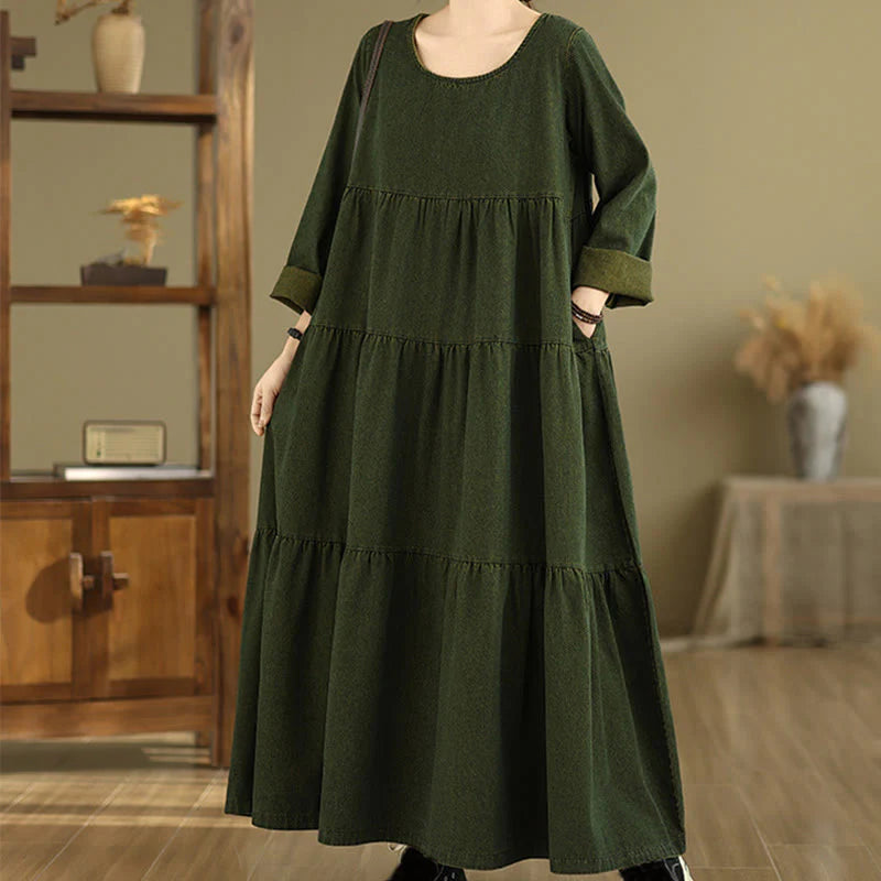 Buddha Stones DarkOliveGreen Patchwork Long Sleeve Design Cotton Women's Maxi Dress With Pockets