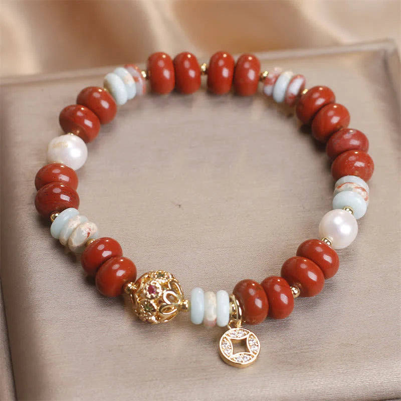 FREE Today: Protection and Support Red Jasper Shoushan Stone Abacus Beads Copper Coin Bracelet