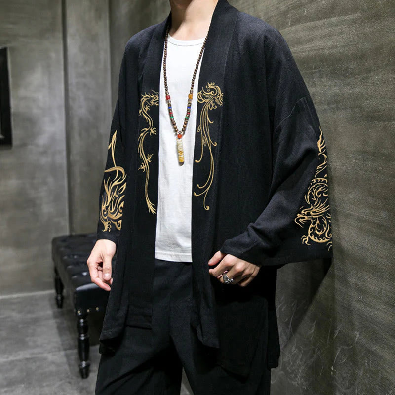 Buddha Stones Dragon Phoenix Open Front Long Sleeve Jacket Men's Cotton Kimono