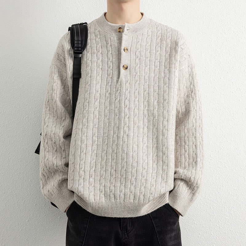Buddha Stones Winter Crew Neck Three Buttons Twisted Design Warm Men's Long Sleeve Knitted Sweater