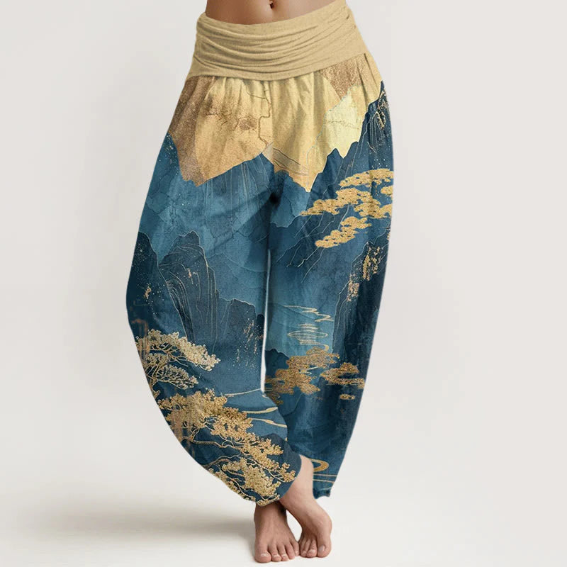 Buddha Stones Cotton Casual Mountains Trees Branches Pattern Women's Elastic Waist Harem Pants