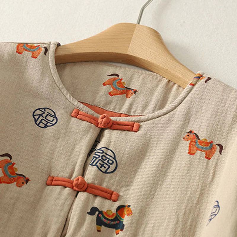 Buddha Stones Horse Fu Character Pattern Frog-Button Design Women's Long Sleeve Thickened Jacket