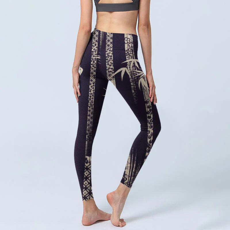 Buddha Stones Bamboo Water Wave Pattern Print Gym Leggings Women's Yoga Pants