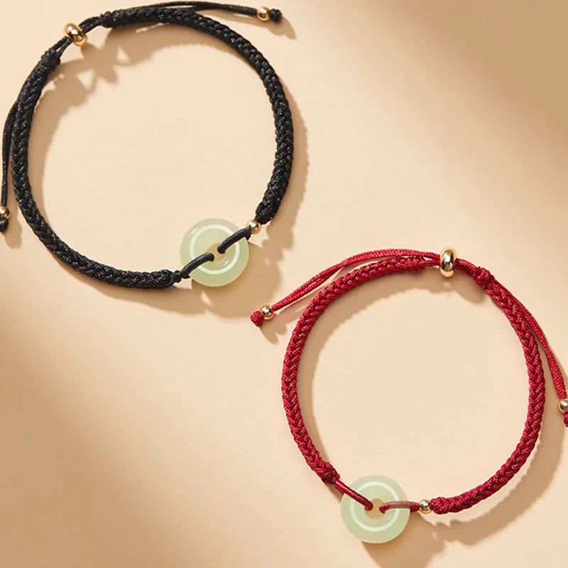 Buddha Stones Natural Hetian Jade Peace Buckle Fu Character Protection Luck Braided Bracelet