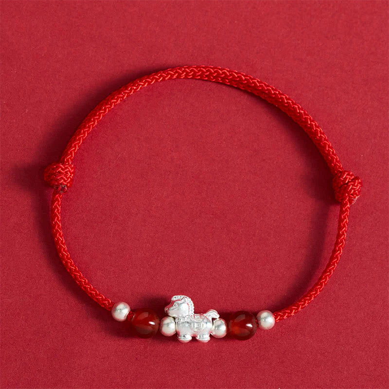 Buddha Stones 999 Sterling Silver Red Agate Year Of The Horse Prosperity String Bracelet