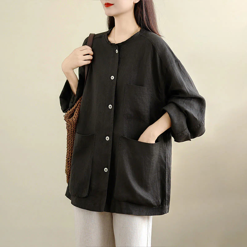 Buddha Stones Spring Crew Neck Long Sleeve Plain Women's Cotton Buttons Shirt With Pockets