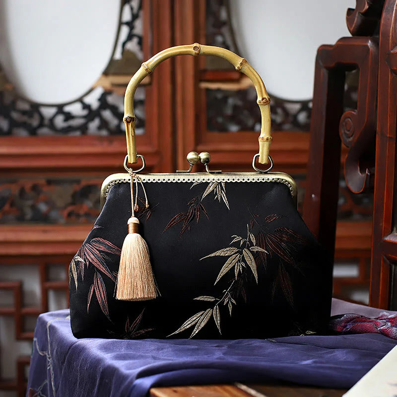 Buddha Stones Dragonfly Crane Bamboo Leaves Plum Blossom Bamboo Handles Handbag (Extra 30% Off | USE CODE: FS30)