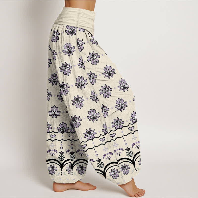 Buddha Stones Floral Pattern Pure Cotton Women's Harem Elastic High Waist Pants