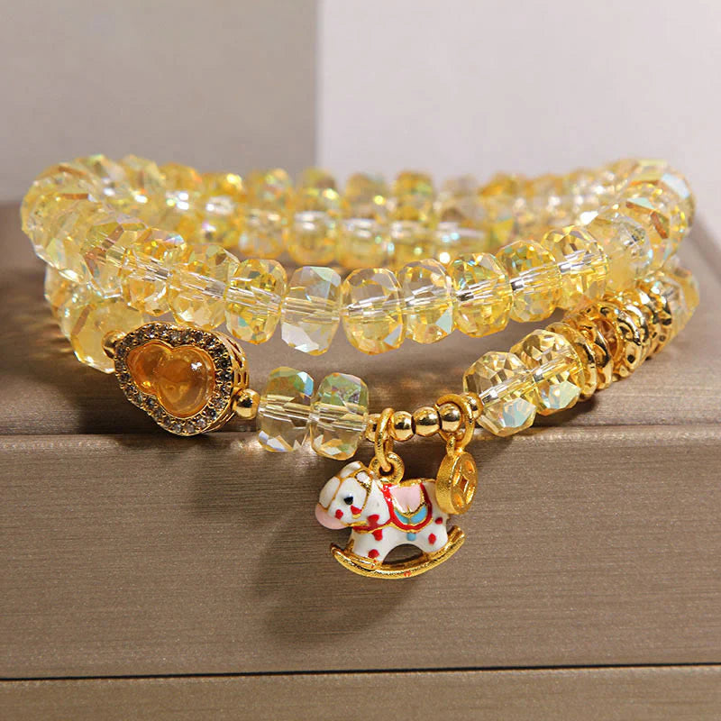 Buddha Stones Chinese Zodiac Year Of The Horse Crystal Glass Copper Coin Gourd Double Wrap Bracelet