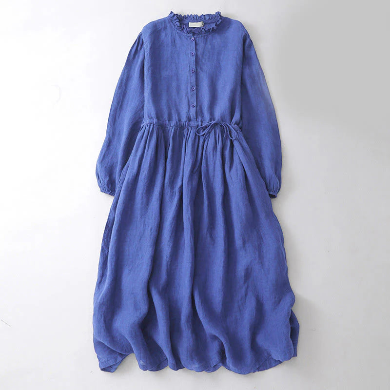 Buddha Stones Plain Long Sleeve Cotton Midi Dress With Pockets
