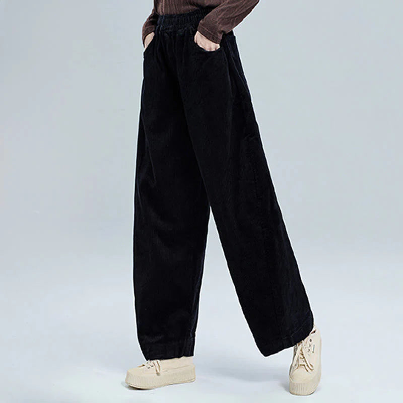 Buddha Stones Women's Fall Plain Ankle-Length Simple Design Corduroy Pants With Pockets