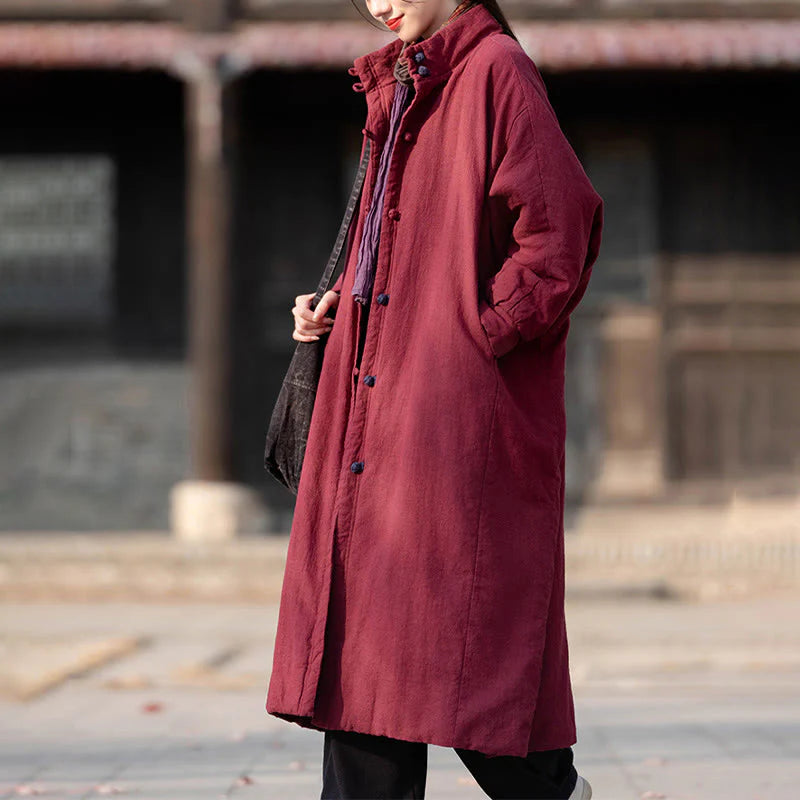 Buddha Stones Winter Solid Frog-Button Ramie Cotton Women's Long Sleeve Thermal Coat With Pockets