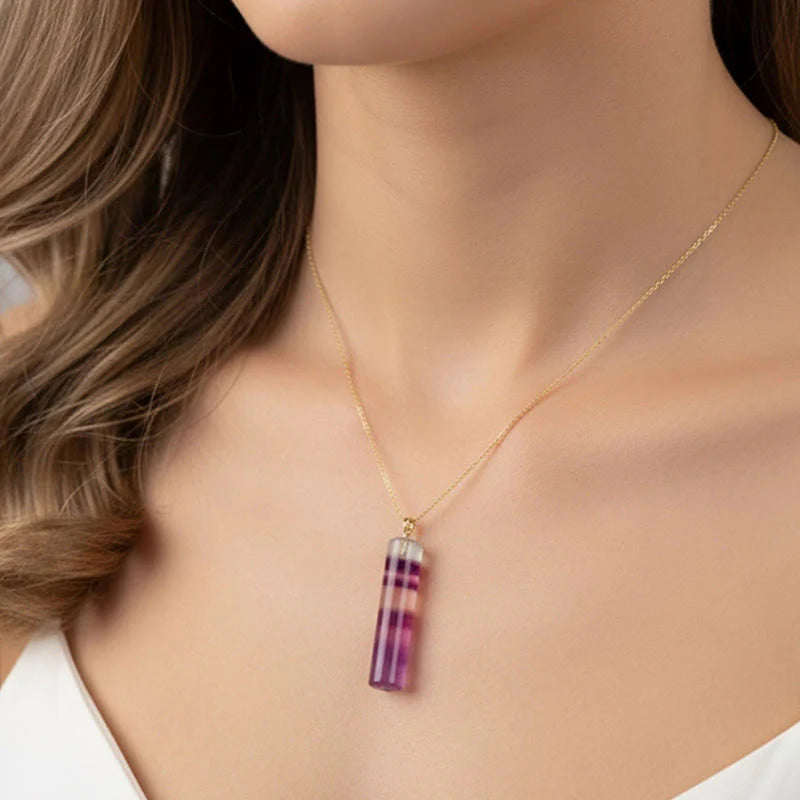 Buddha Stones Natural Colorful Fluorite Cylindrical Protection Necklace Pendant