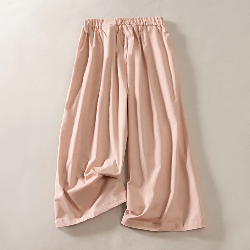 Buddha Stones Summer Pleated Design Elastic Waistband Cropped Women's Wide Leg Pants With Pockets