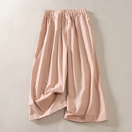 Buddha Stones Summer Pleated Design Elastic Waistband Cropped Women's Wide Leg Pants With Pockets