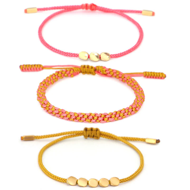 Buddha Stones 3Pcs Pink Yellow String Golden Copper Beads Wealth Bracelet