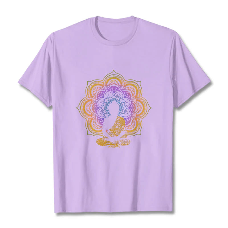 Buddha Stones Multicolor Mandala Flower Seated Buddha Pattern Tee T-shirt