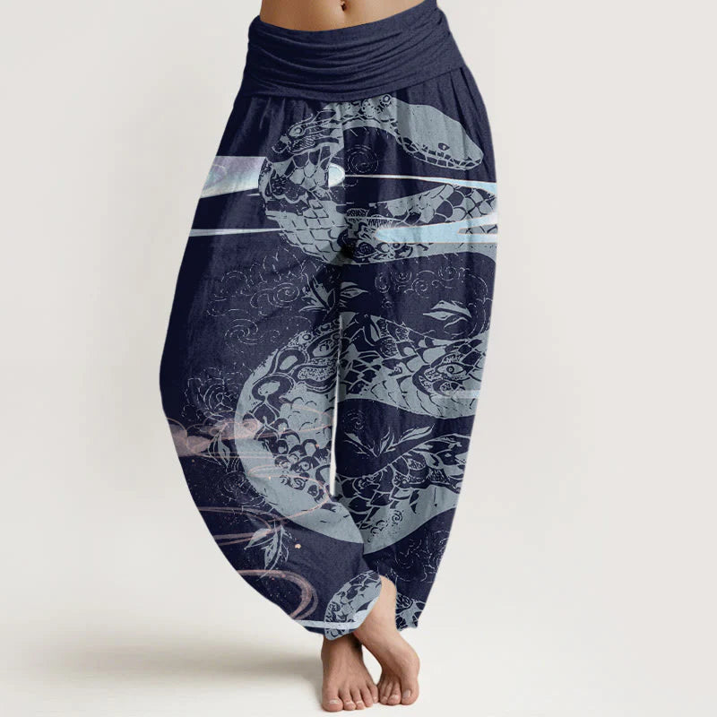 Buddha Stones Cotton Auspicious Clouds With Snake Pattern Women's Elastic Waist Harem Pants