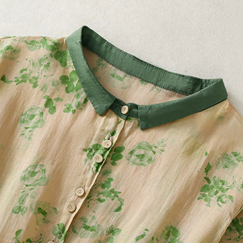 Buddha Stones Printing Buttons Drawstring High Waist Short Sleeve Cotton Midi Dress With Pockets
