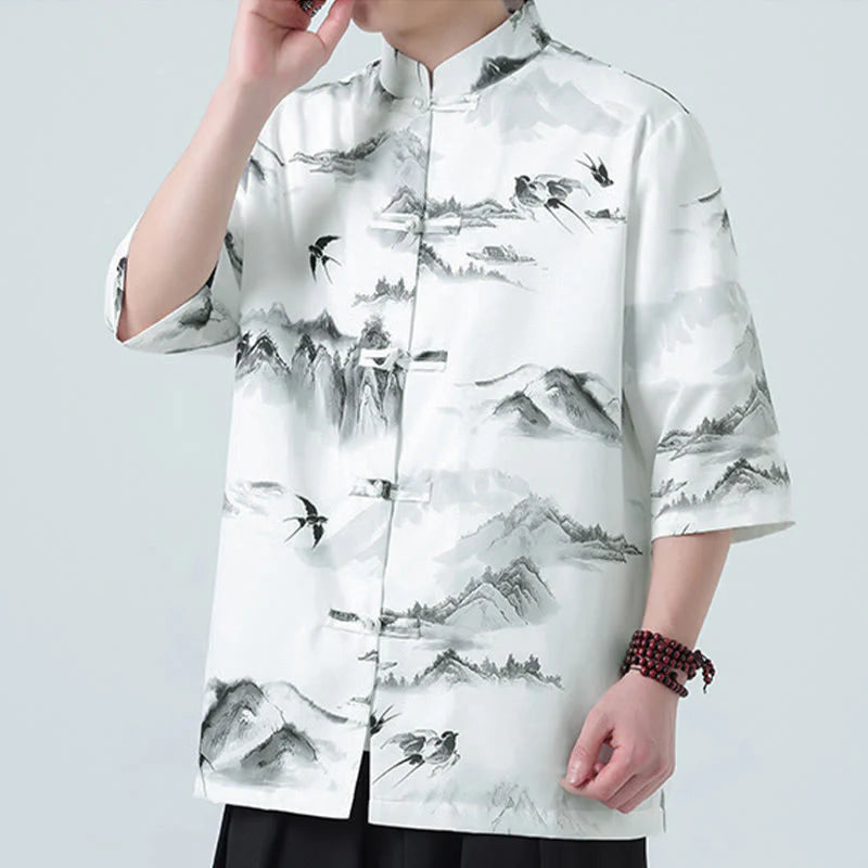 Buddha Stones Printing Chinese Ink Landscape Pattern Men's Frog-button Half Sleeve Shirts