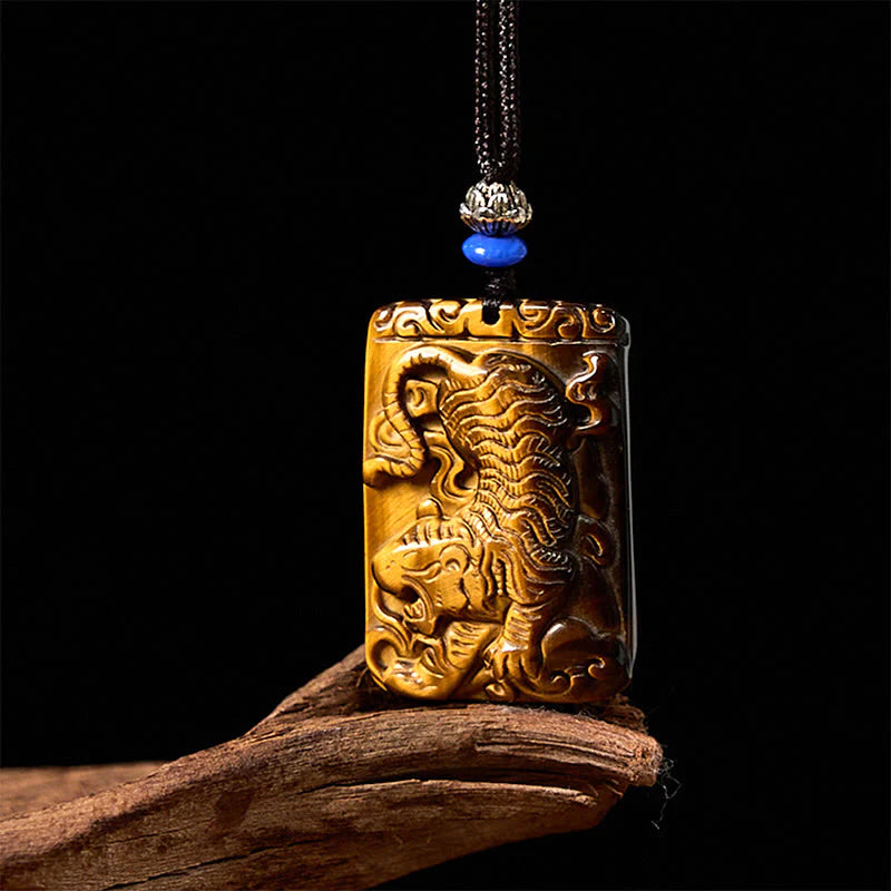 Buddha Stones Natural Tiger Eye Square Tiger Pattern Protection Rope Necklace Pendant