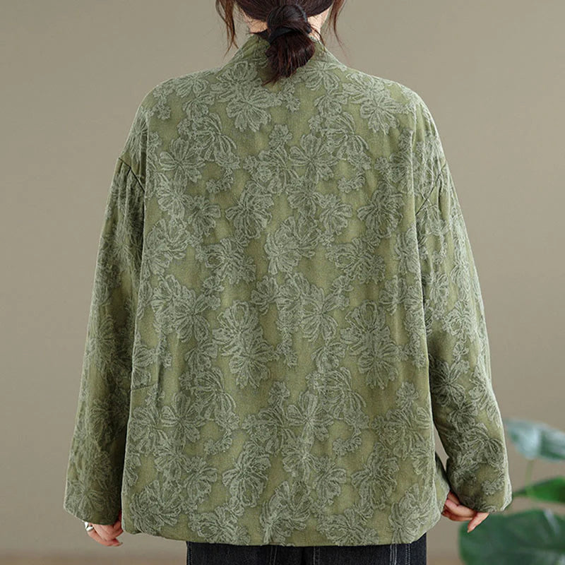 Buddha Stones Winter V-Neck Jacquard Frog-Button Cotton Long Sleeve Women's Thermal Jacket With Pockets