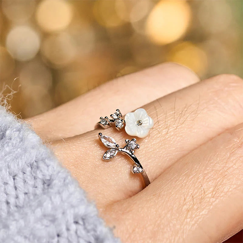Buddha Stones White Flower Design Adjustable Healing Copper Ring
