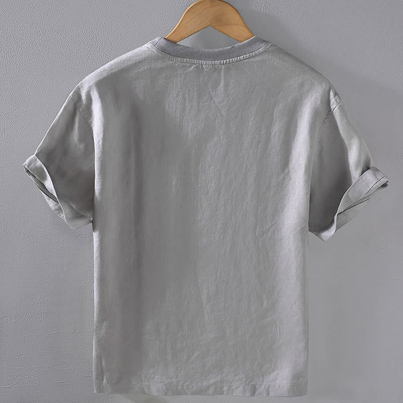 Buddha Stones Crew Neck Simple Design Men's Short Sleeve Linen Shirt With Pocket