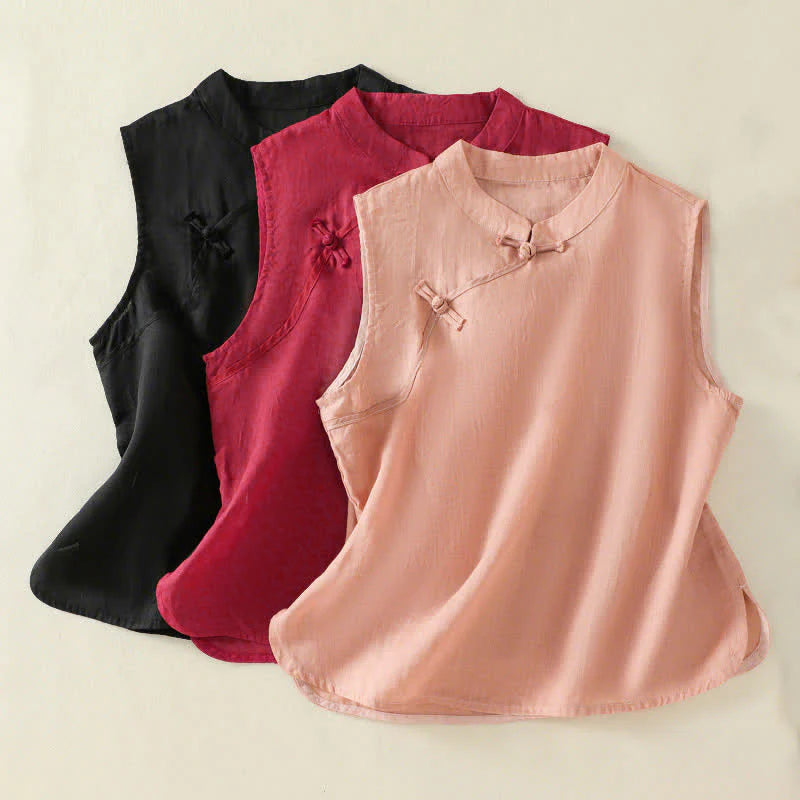 Buddha Stones Summer Retro Plain Frog-Button Stand Collar Women's Sleeveless Vest