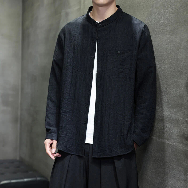 Buddha Stones Spring Men's Solid Color Buttons Design Long Sleeve Shirt