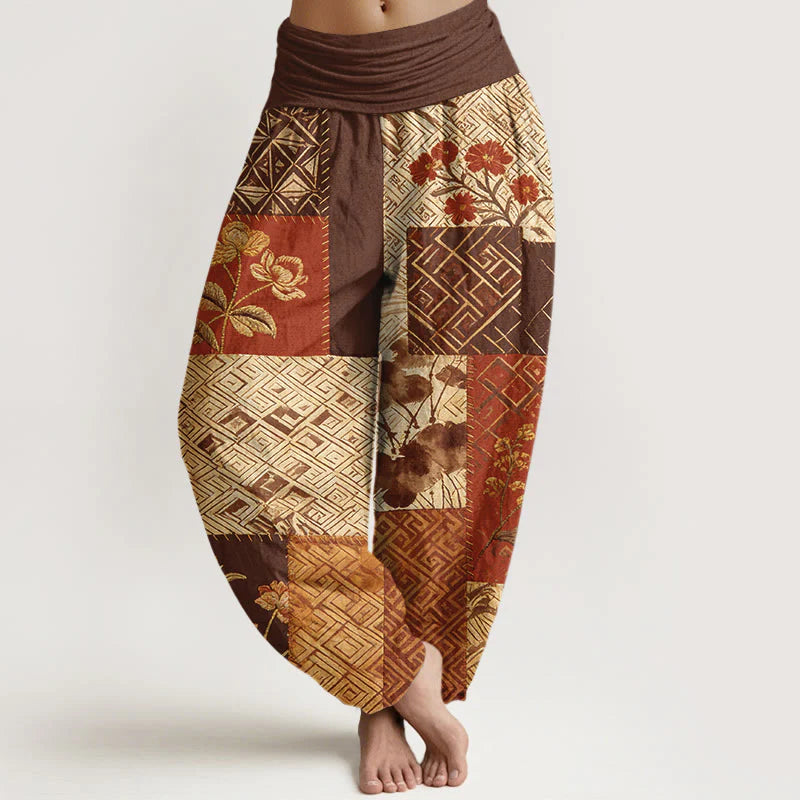 Buddha Stones Cotton Color Blocking Design Flower Geometry Pattern Women's Elastic Waist Harem Pants
