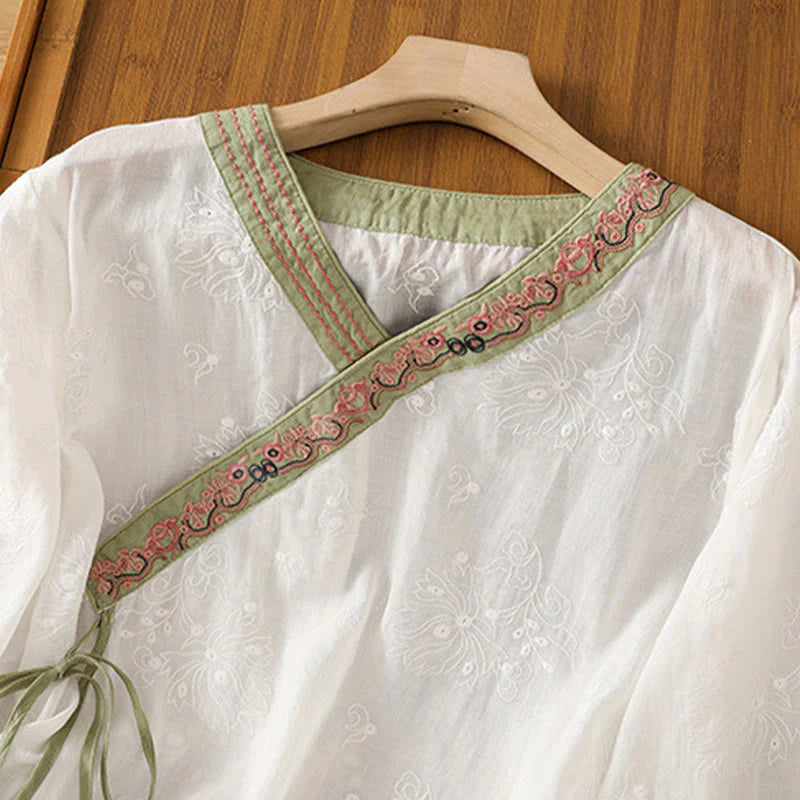 Buddha Stones Summer Vintage Embroidery Plant Floral Lace-Up Design V-Neck Women's Cotton Linen Shirt