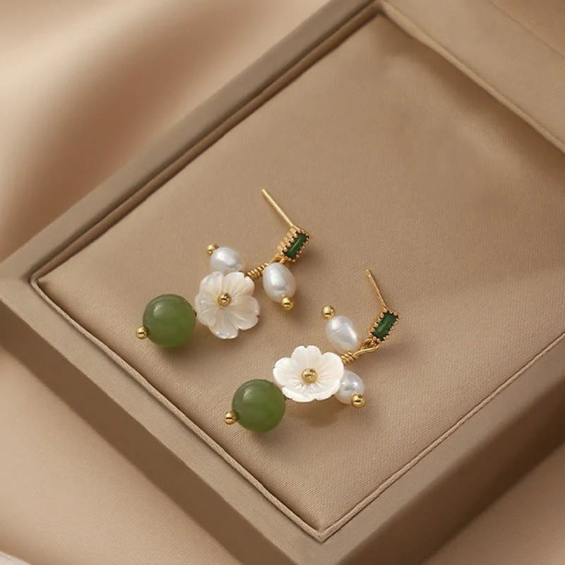 Buddha Stones Hetian Jade Pearl Bead Flower Prosperity Abundance Earrings