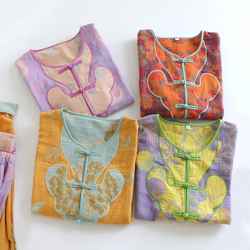 Buddha Stones 2pcs Frog-Button Printed Long Sleeve Cardigan Shirt Pants With Pockets Cotton Set
